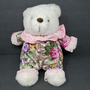 Vintage Milaca Mills Floral Teddy Bear 13" Plush Stuffed Animal Pink Lace Korea